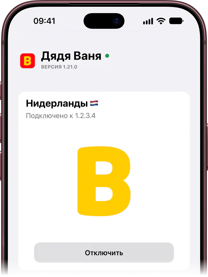 Главный экран приложения на iPhone: VPN подключён, локация Нидерланды