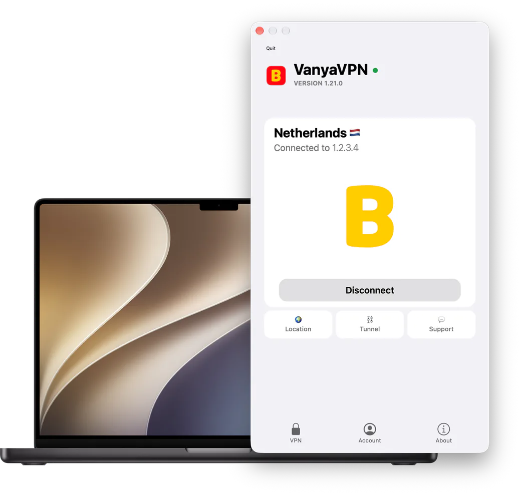 VanyaVPN window on a Mac: VPN connected, location Netherlands